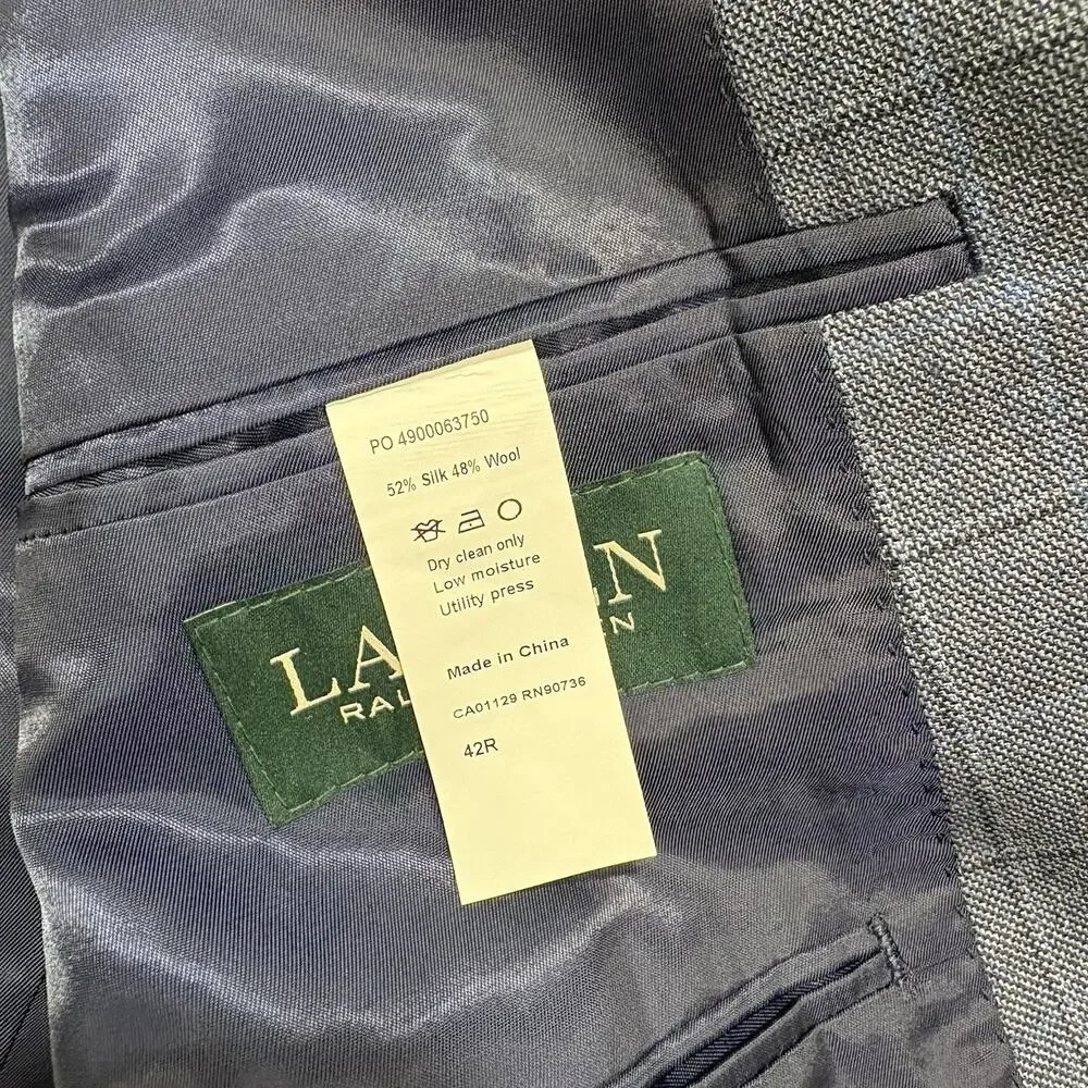 Lauren Ralph Lauren Blazer‎ 42R Blue Windowpane Single Vent Silk Wool Blend